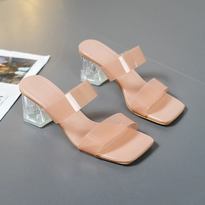 

2022 Transparent Crystal High Heels Sandals Women Plus Size Pvc Strap Party Slippers Woman Square Toe Yellow Heel Slides Adult