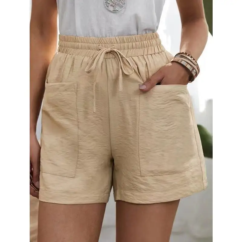 Fashion Women's Summer New Loose Linen Casual Shorts Pocket Solid Large High Waist Lace Up Wide Leg Pants