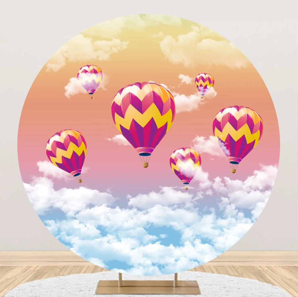 

Laeacco Hot Air Balloon Round Backdrop White Cloud Dusk Sky Kids Birthday Baby Shower Portrait Customized Photography Background