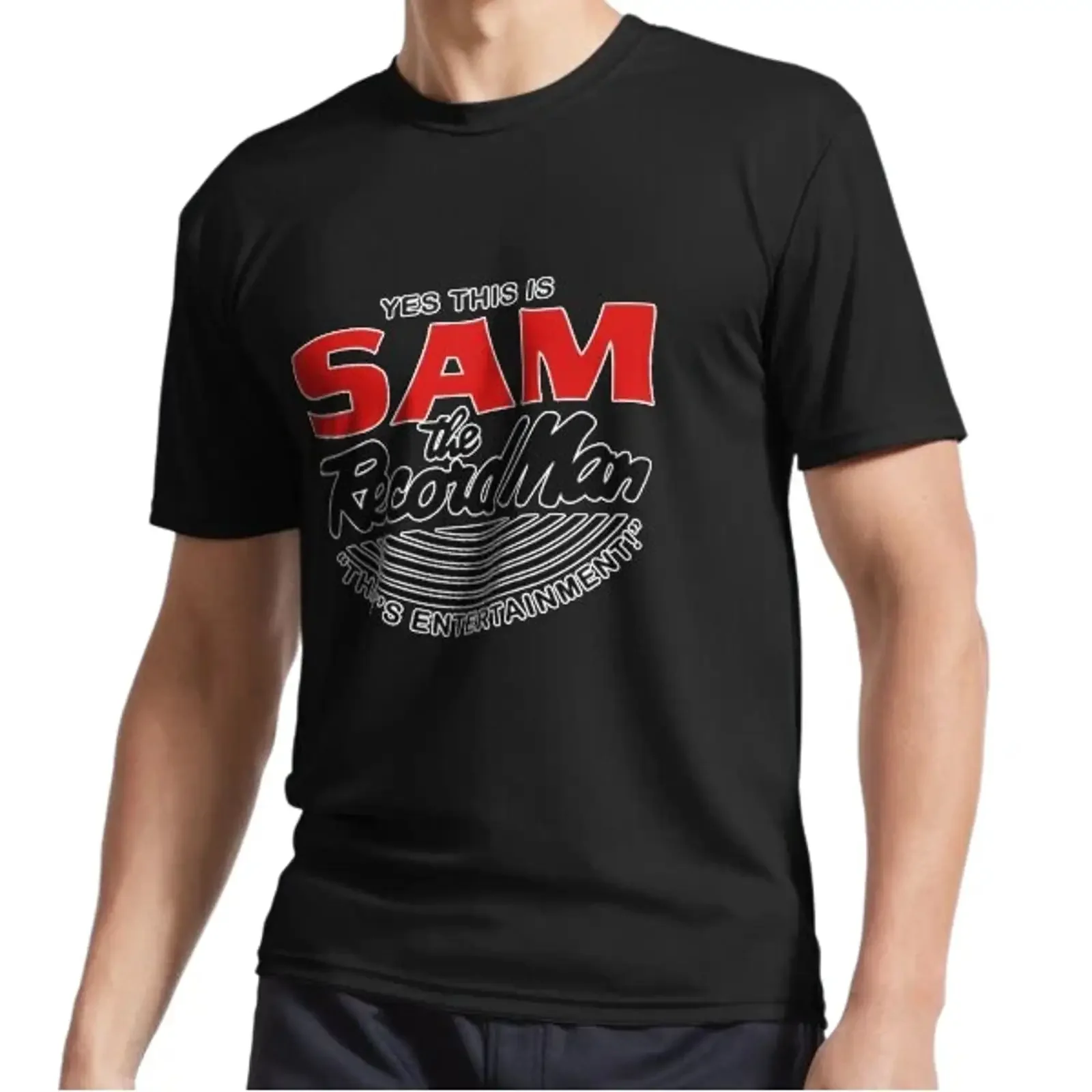Фото Новая футболка с логотипом Sam Was The Record Man Active Logo, забавная, размеры S-5XL, винтажная, с эффектом потертости, дизайнерская одежда, мужская уличная мода. №1