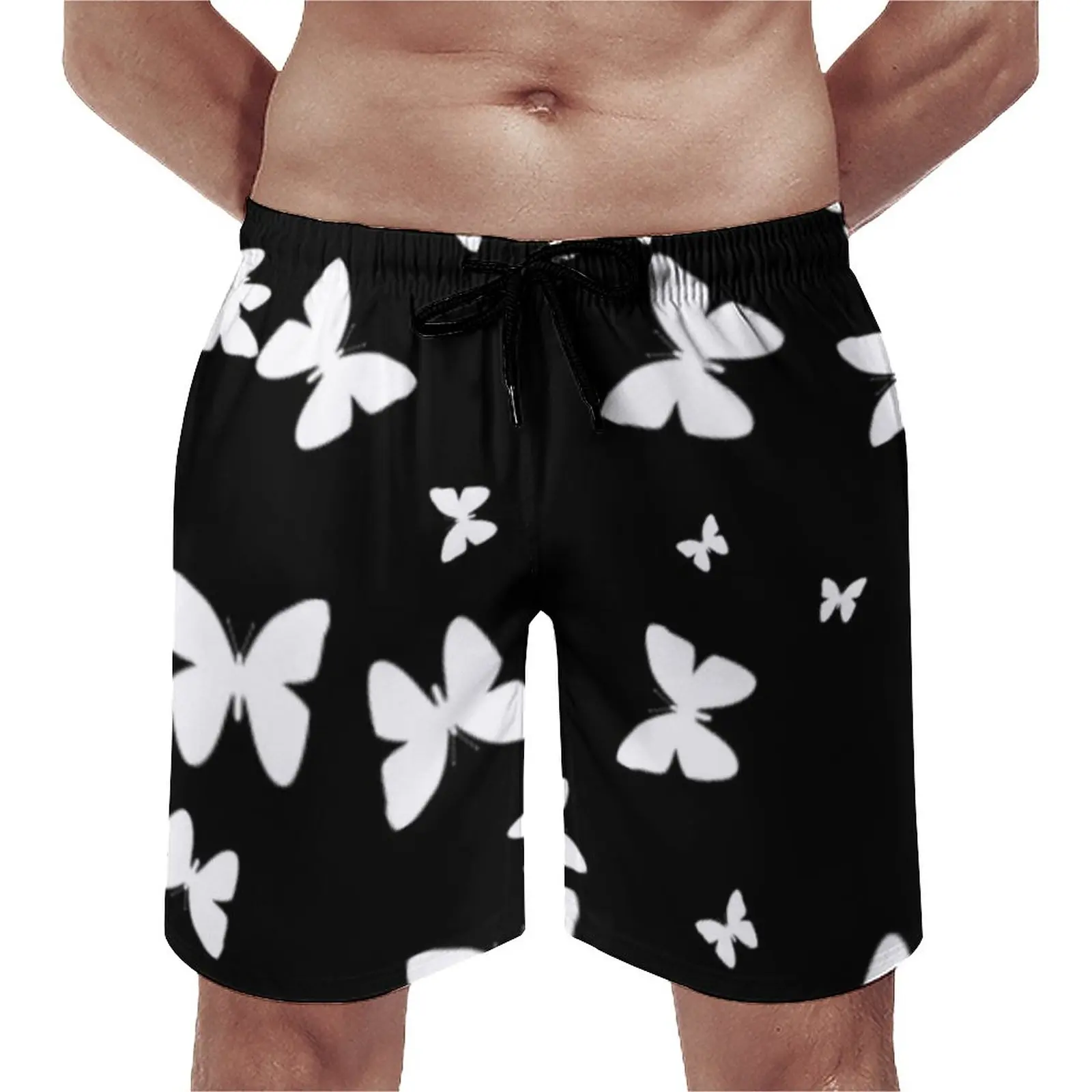 

Butterfly Pattern Board Shorts High Quality Black And White Butterflies Design Beach Shorts Males Elastic Waist Swim Trunks