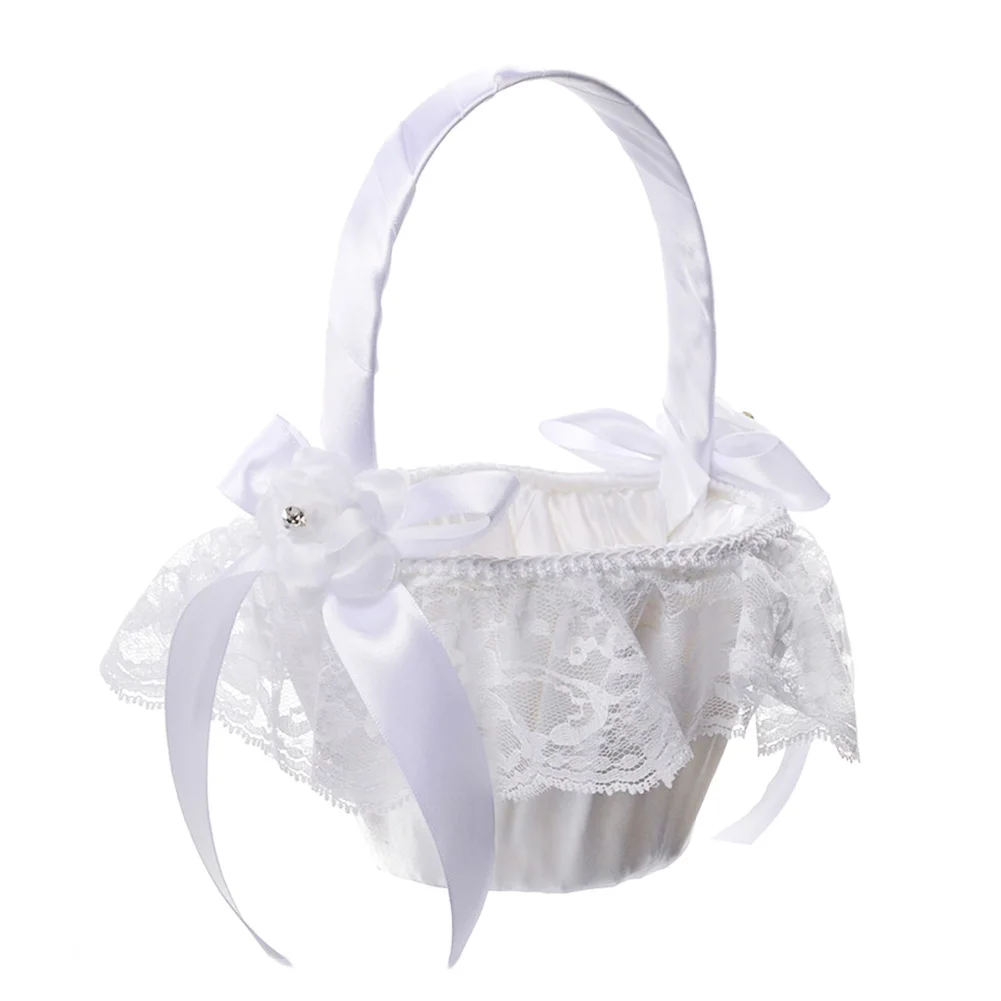 White Ivory Bow Wedding Blower Basket Ceremony Festive Party Love Case Satin Flower Girl for Supplies | Дом и сад