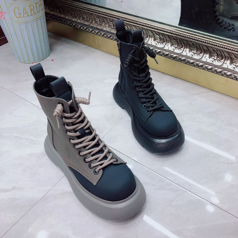 

Women Designer PU Leather Motorcycle Boots 2022 New Winter Autumn Chunky Mid Heels Fashion Lace Up Snow Ankle Mujer Boots