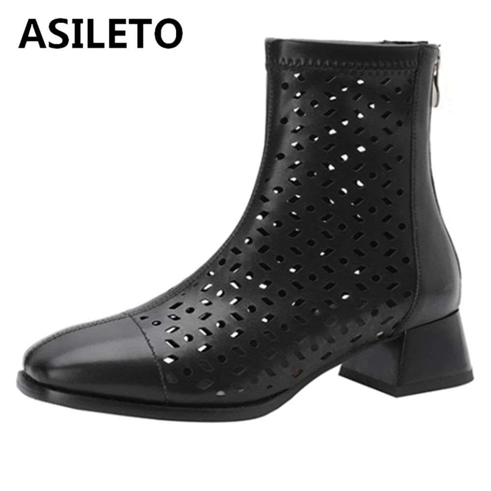 

ASILETO Summer Zapatos Mujer Ankle Boots Zip Cutout Hollow Square Low Heel Breathable High Heel Shoes For Women Big Size F1623