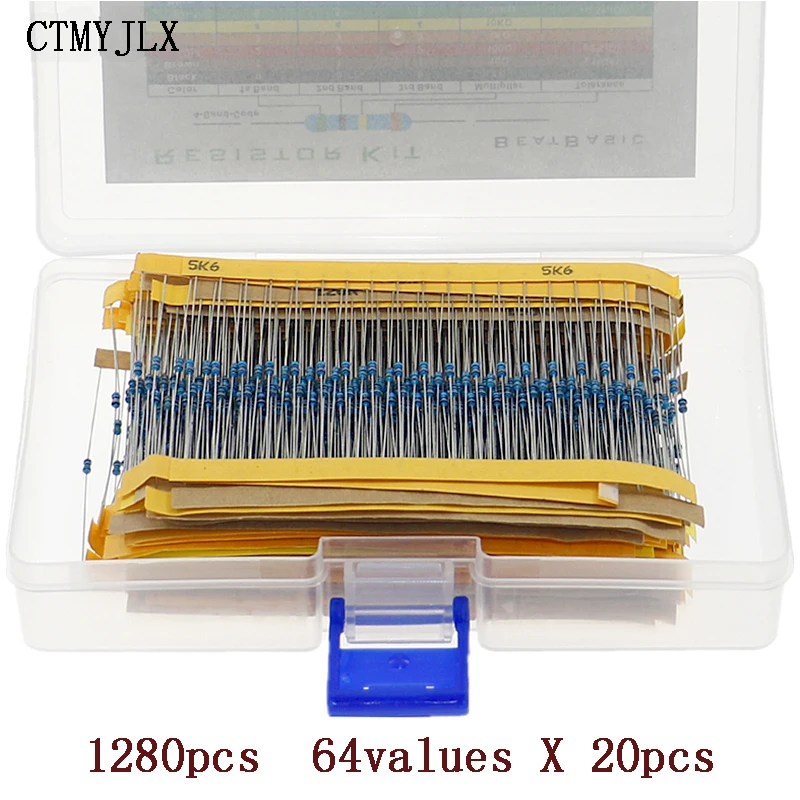 

1280pcs DIP Resistor Kit 1/8W 1% 64values X 20pcs Metal Film Resistor Assortment Kit Set 1ohm - 10mohm Resistor Samples Kit