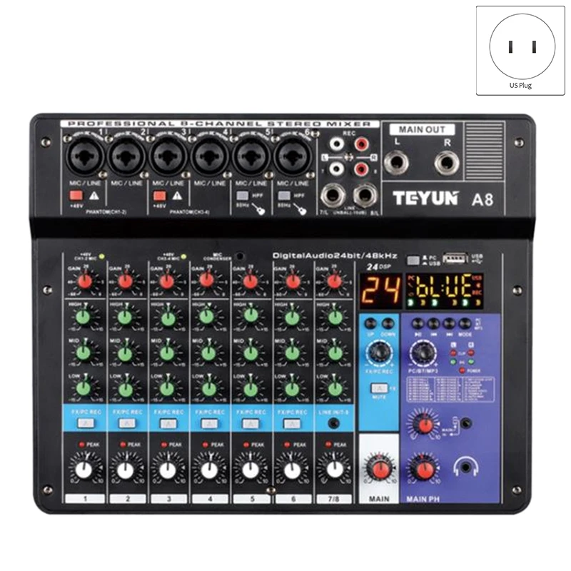 

Sound Card Audio Mixer Sound Board Console Desk System Interface 8 Channel USB Bluetooth 48V Power Stereo (Us Plug)