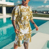 summer mens fashion beach pants round neck short sleeve t shirt set ethnic style 3d pattern two piece oversized mens clothing