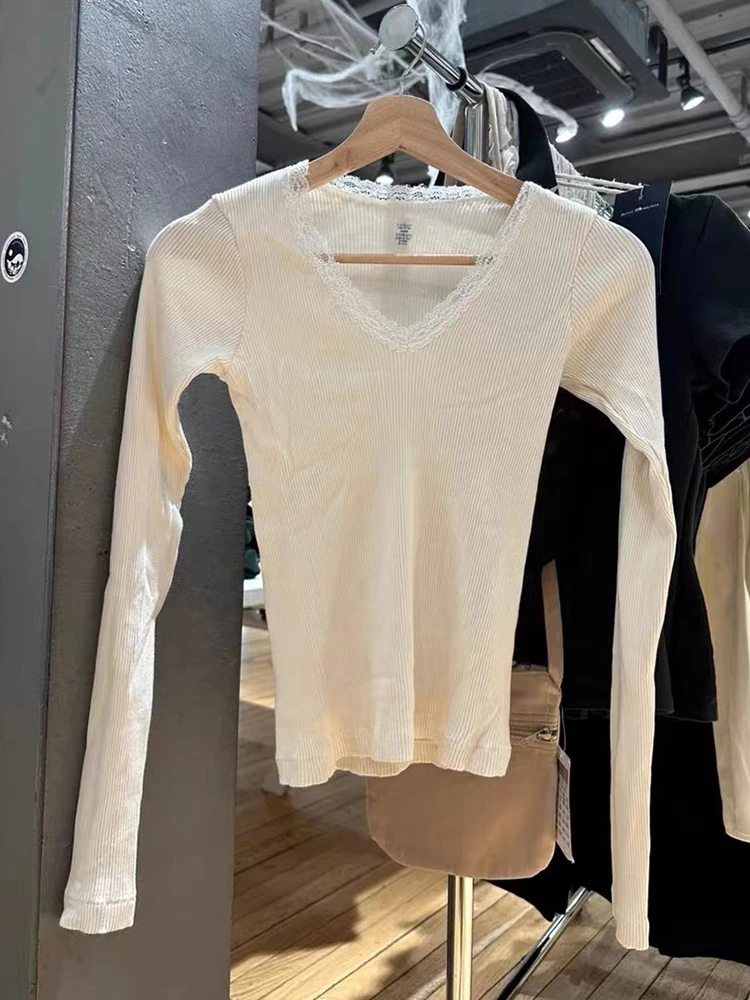 z koronkowym wykończeniem i długim rękawem dla kobiet Nowa jesienna bawełniana koszulka dekoltem w szpic Vintage Solid Sweet T-shirt Odzież Y2k