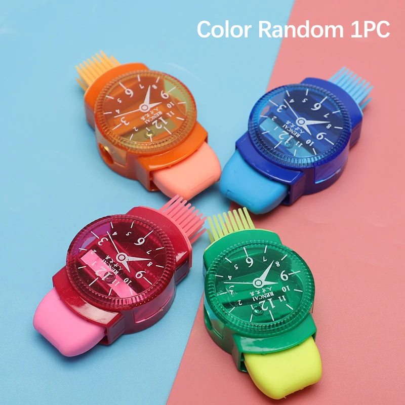 

1 шт. милые забавные часы в форме мини цветные точилки для карандашей с кисточкой-ластиками точилка для карандашей офисные школьные принадлежности