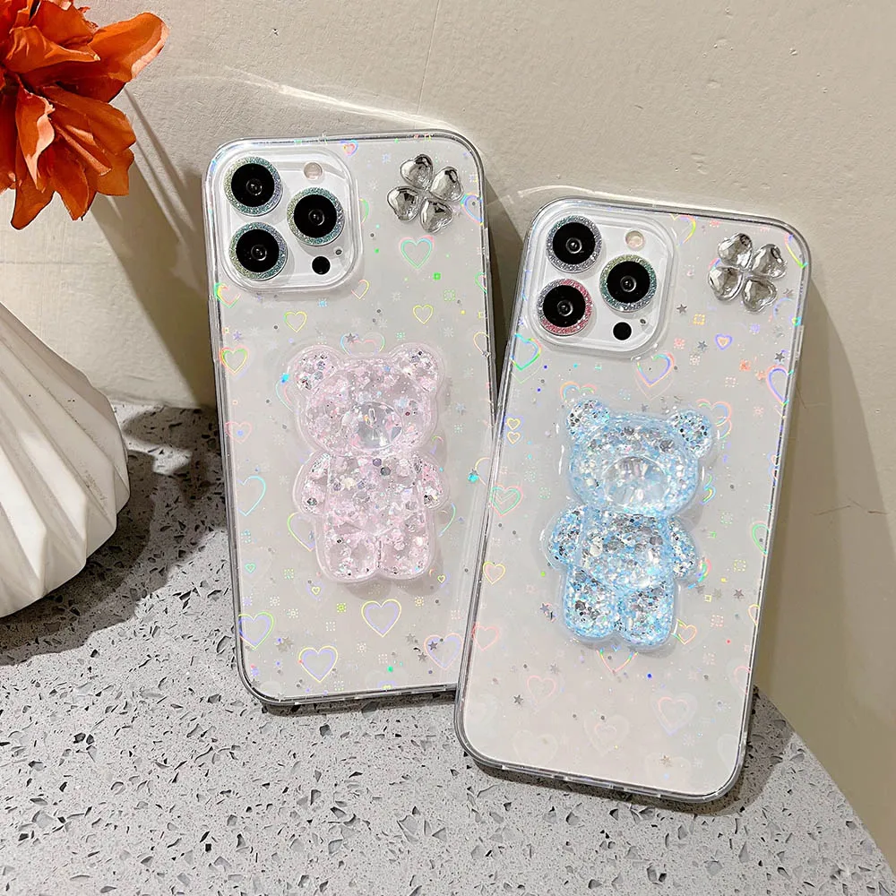 Милый 3D Медведь Эпоксидная Лазерная Любовь Сердце Pattern Чехол Для Телефона iphone 13 Pro