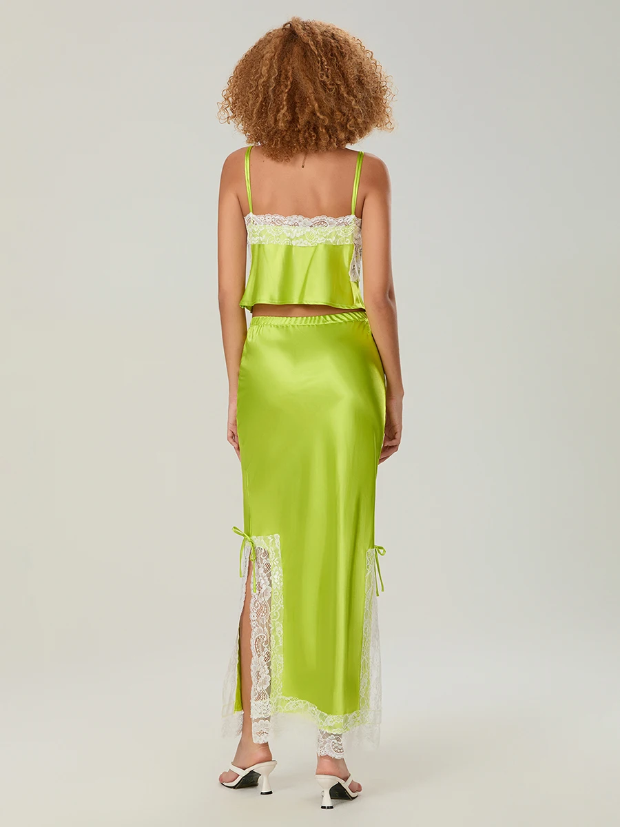 wsevypo Chic Summer Two-Piece Dress Sets Women's Lace Trim Slips Cropped Camis and Slit Long Skirts Party Clubwear Outfits