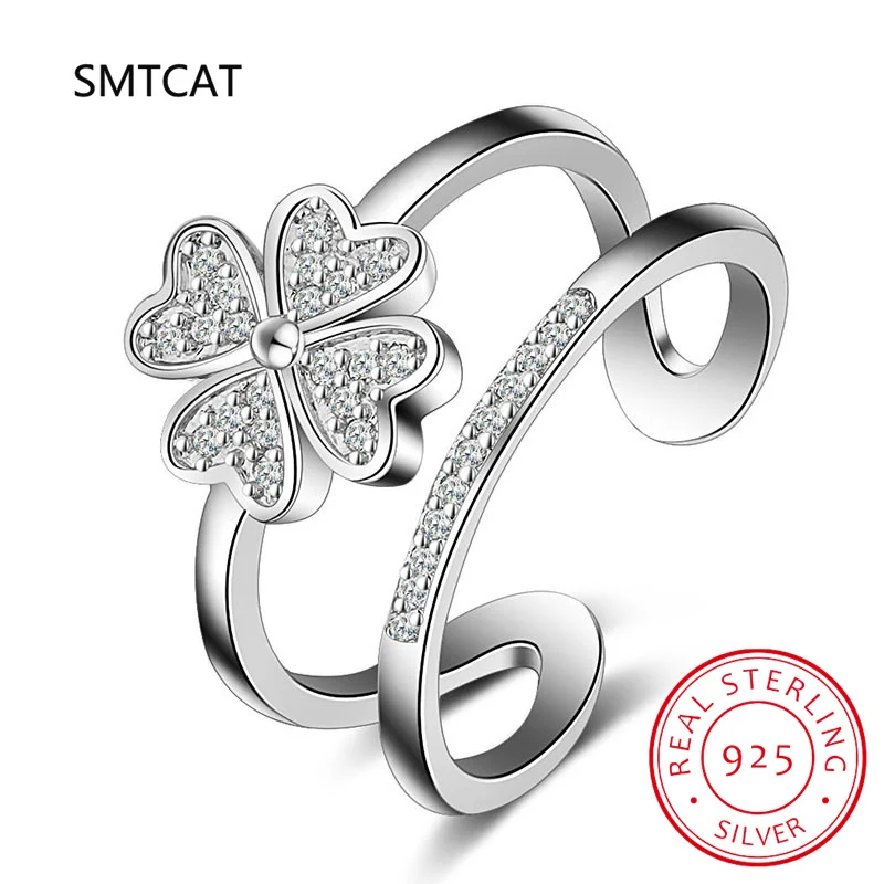 

925 Sterling Silver Double Layer Opening Ring Good Luck Four Leaf Clover Adjustable Ring for Women Pave Setting CZ Fine Jewelry