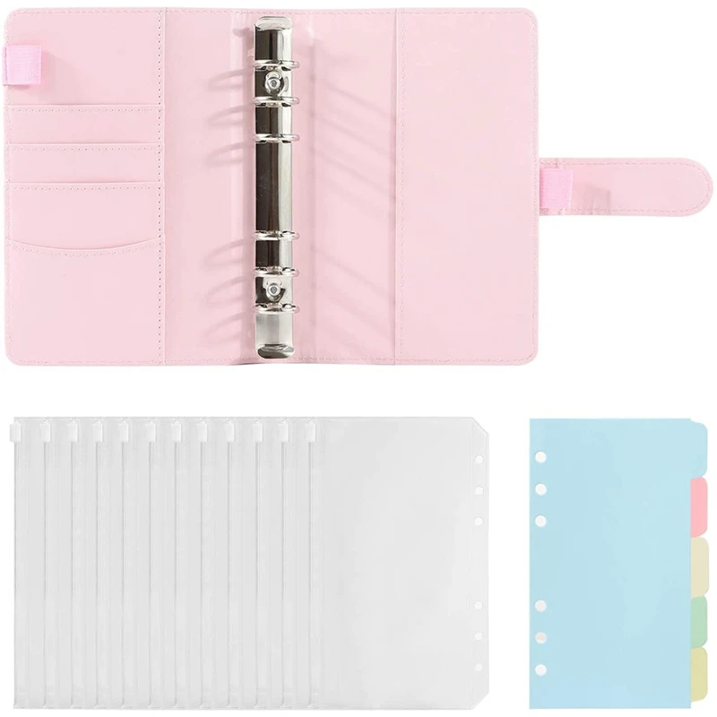 

Cash Budget Binder,A6 PU Leather Notebook,6 Ring Binders,With 12 Transparent Plastic Binder Envelopes And Index Dividers