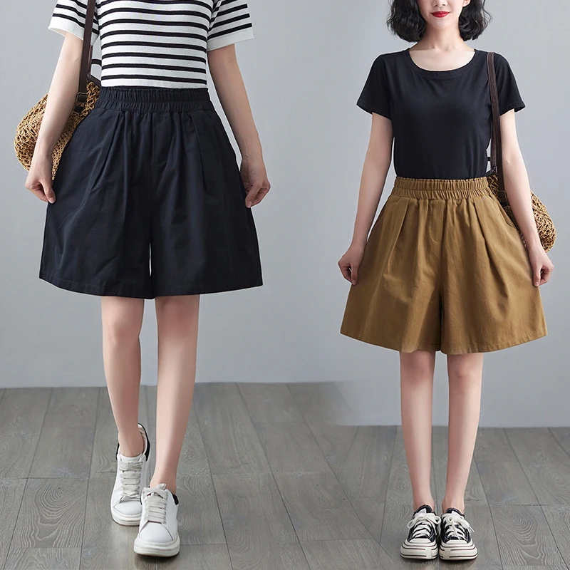 

2022 Summer New Cotton Linen Capris Women's Solid Color Versatile Loose Slim High Waist A-shaped Wide Leg Shorts