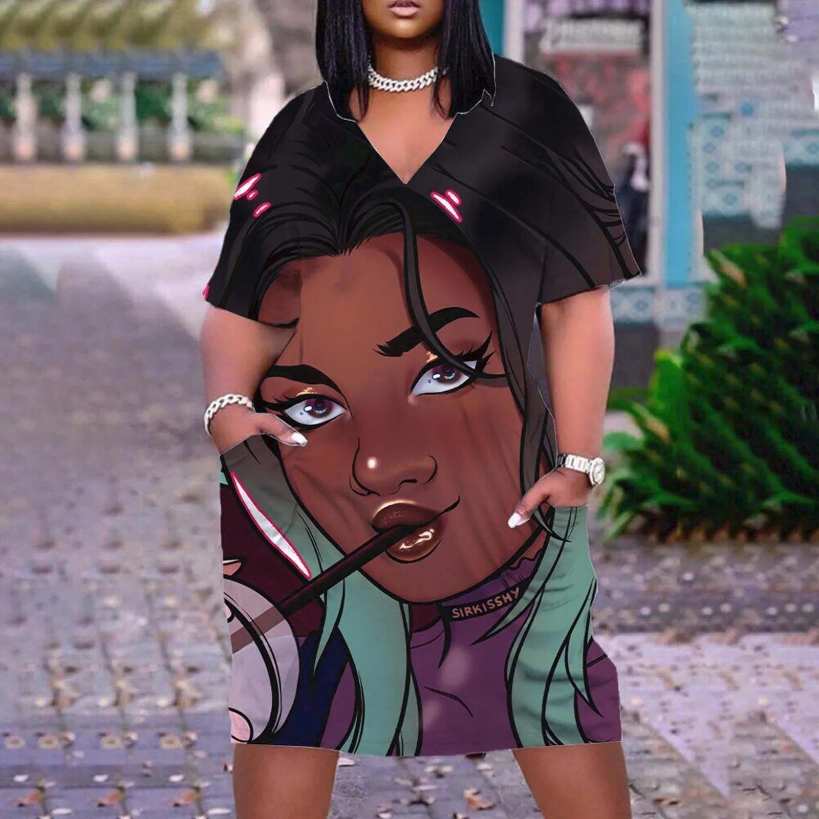 

2022 Модные женские летние свободные платья большого размера с V-образным вырезом и коротким рукавом, с 3D принтом и карманами, Повседневные Вечерние Клубные платья # g3