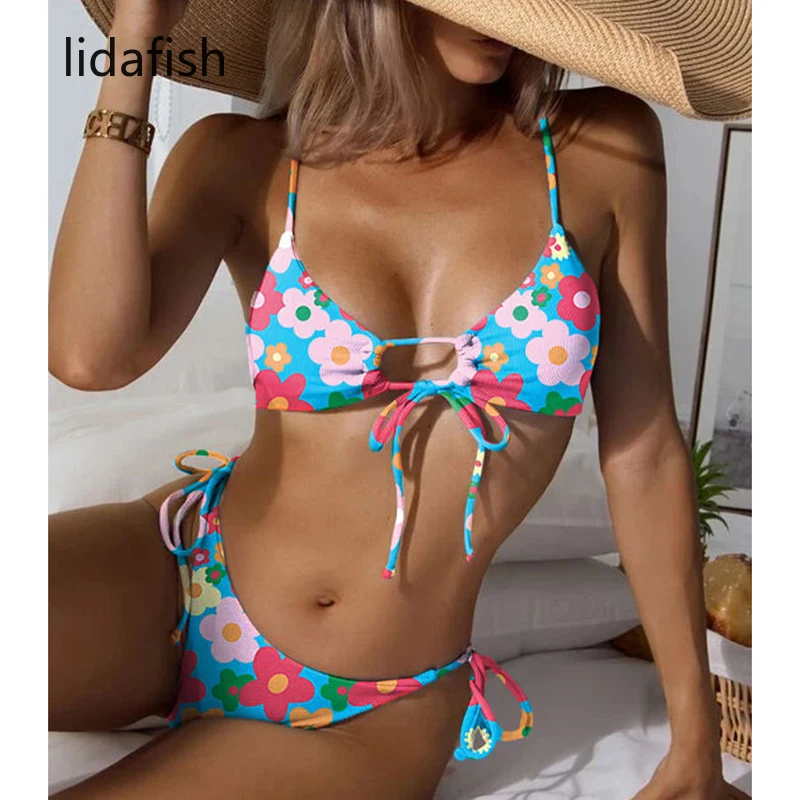 

lidafish NEW Bikini Floral Print Swimwear Sexy String Thong Push Up Swimsuit 2 Piece Sets Women Biquini Beach Bathing Suit