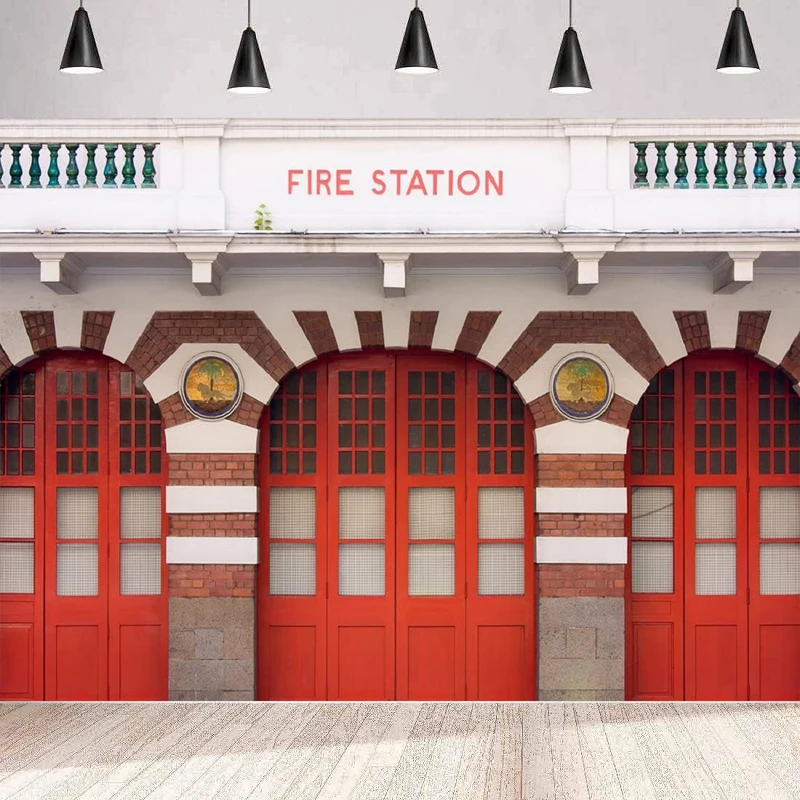Фон для фотосъемки пожарной станции здание пожарного с красными воротами