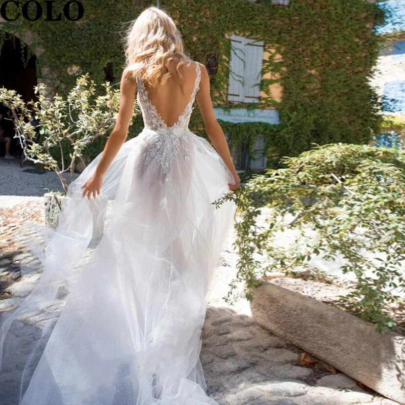 

Wedding Dress 2022 Tulle Wedding Dress Princess Deep V-Neck Spaghetti Straps A-Line Lace Appliques Split Backless Bridal Gown