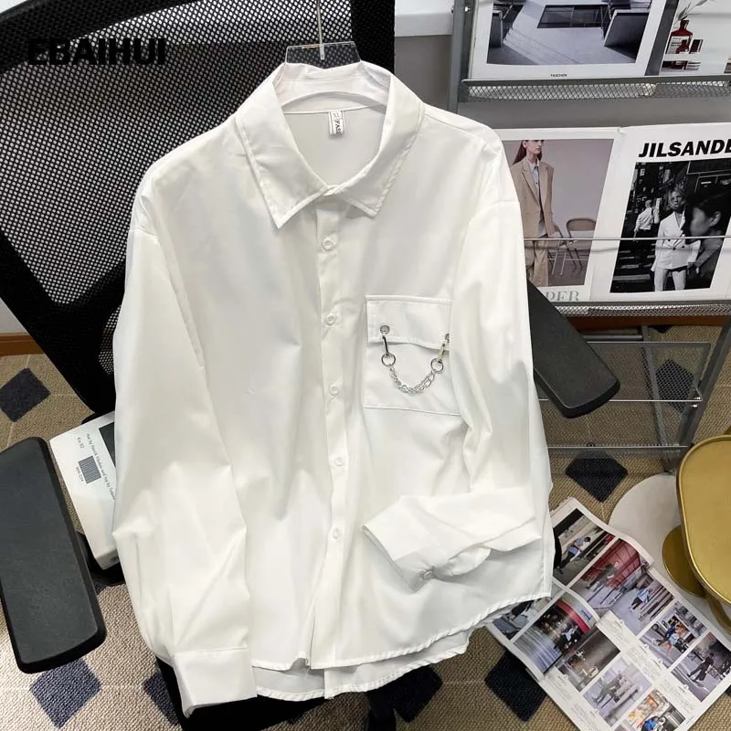 

Мужские однотонные рубашки EBAIHUI с цепочкой, свободный воротник, Корейская версия рубашек для мужчин, весна и осень, мужская одежда с длинным рукавом