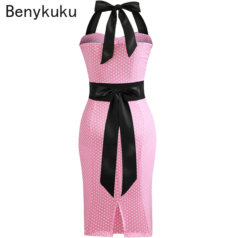 Женское винтажное платье в горошек розовое стиле Одри Хепберн с лямкой на шее