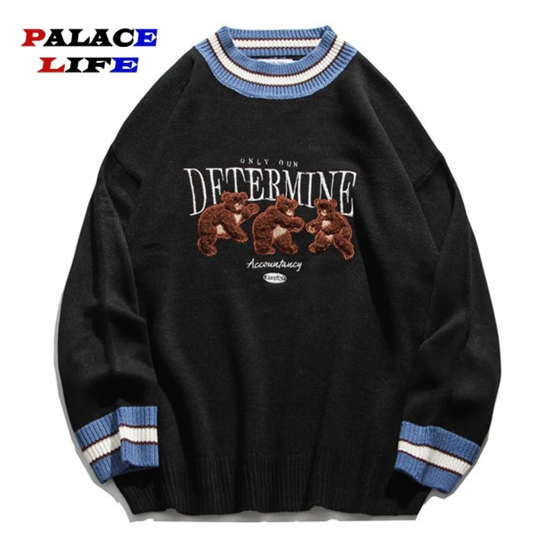 

Harajuku Autumn Casual Knitwear Pullovers Fashion Men Hip Hop Knitted Jumper Sweaters Embroidery Bear Streetwear Tops