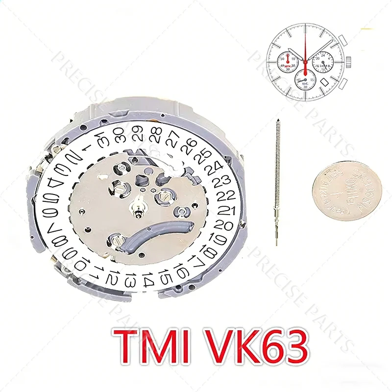 Фото Механизм TMI Vk63, японский кварцевый механизм, три стрелки с тремя индексами и датой, малый хронограф, секундная и минутная стрелки, 24-часовой формат, Vk63 №1
