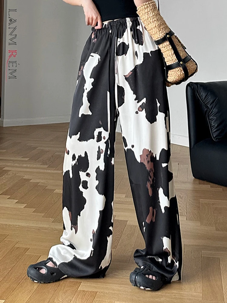 

Женские брюки LANMREM в стиле ретро с высокой эластичной резинкой на талии, прямые широкие брюки с принтом в Корейском стиле, Новинка осени 2023, 2YA3707
