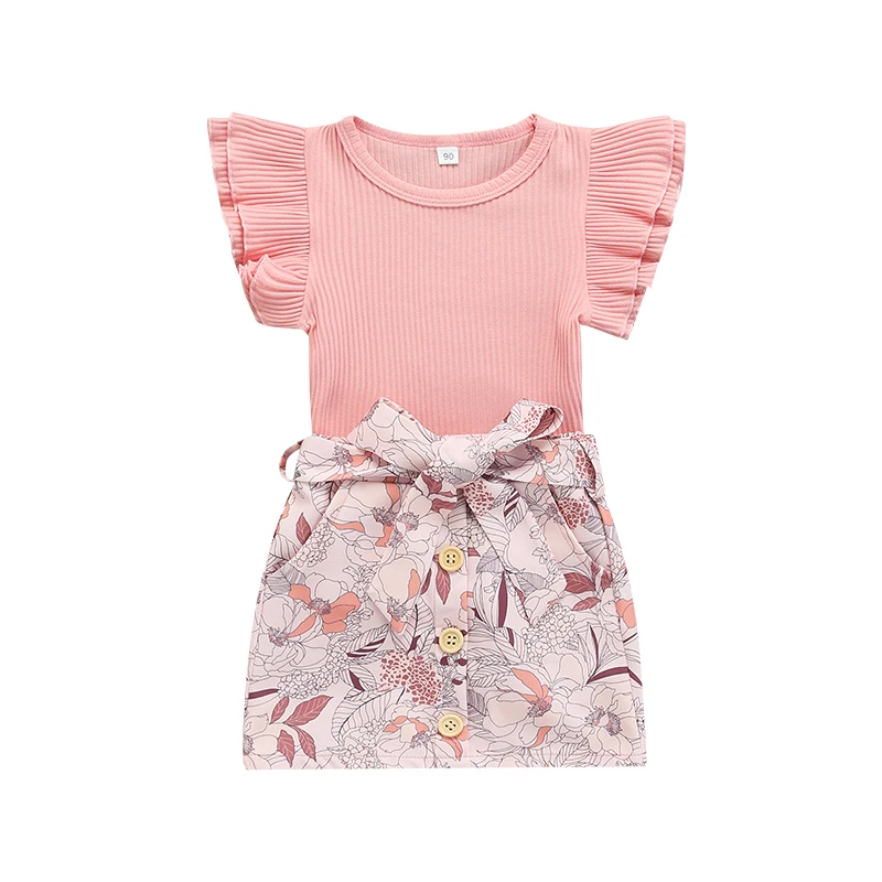 

Комплект из двух предметов для маленьких девочек, Однотонная футболка с круглым вырезом и рукавами-летающими, с эластичной талией и цветочн...