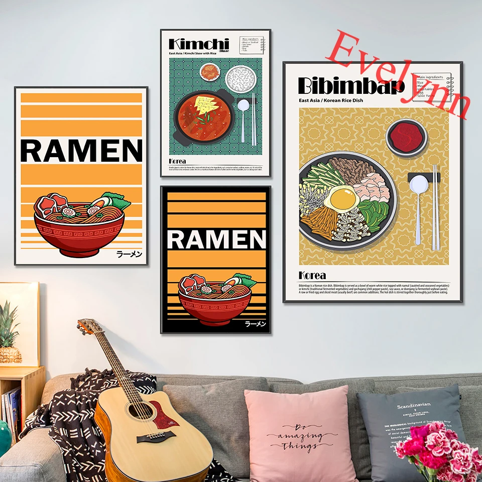 

Japanese Korean Cuisine Food Exhibiton Poster Bibimbap Kimchi Jjigae Ramen Modern Kitchen Wall Decor Prints Wall Canvas Painting