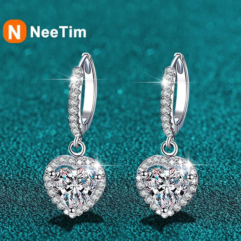 

NeeTim 1ct Moissanite Drop Earrings for Women Heart Shape Pass Diamond Tester 925 Sterling Sliver Hoop Earring Fine Jewelry Gift