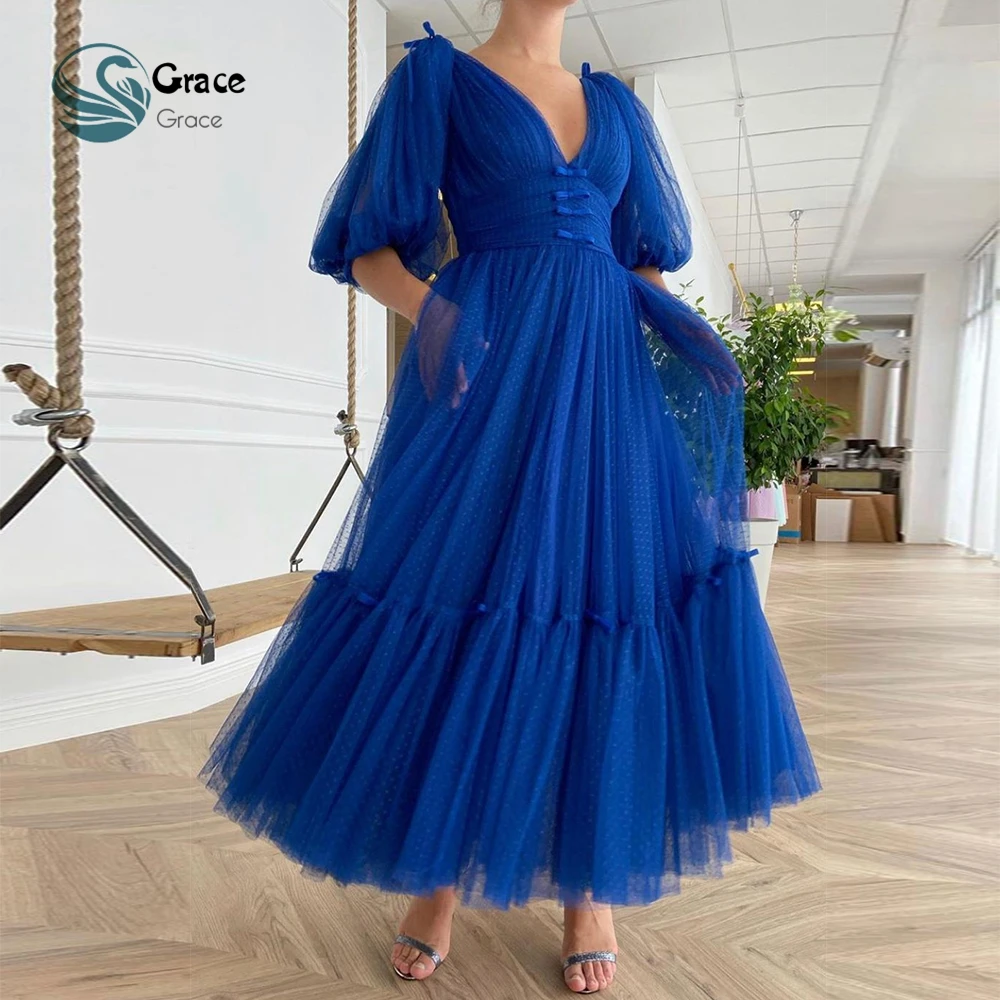 

Fashion Royal Blue Half Sleeve Prom Gowns 2023 New Zipper Back Civil Spaghetti Strap Evening Dresses Glitter Vestido De Noche