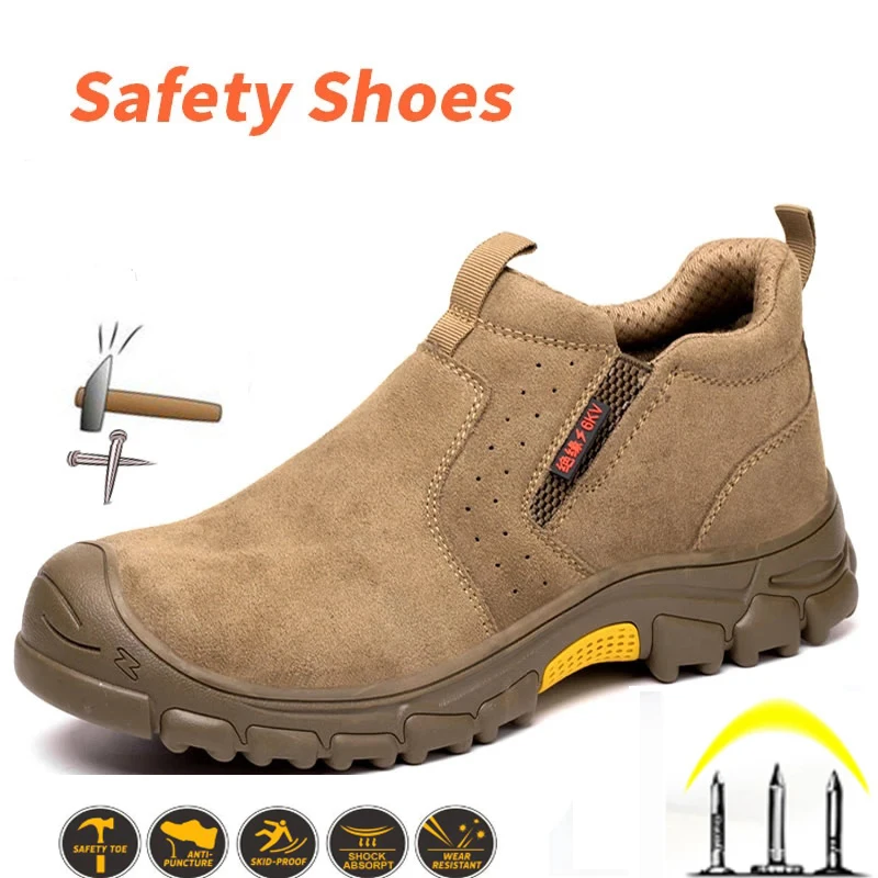 

Men Safety Shoes Composite Fiber Toe Leather Boots for Working Without Lace Kevlar Anti Smashing Puncture Welding Without Laces