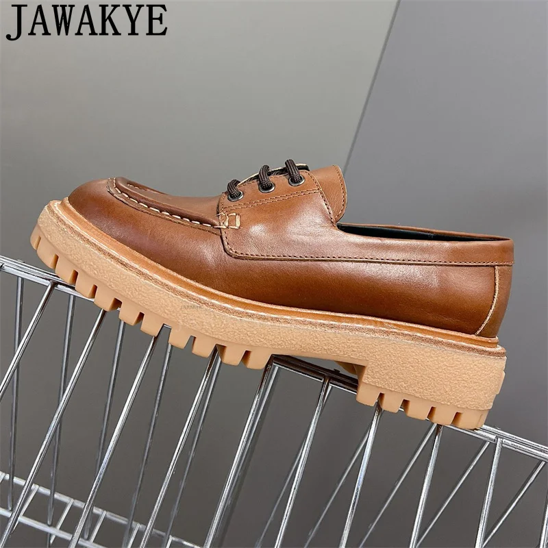 Туфли женские из натуральной кожи лоферы круглый носок толстая подошва на