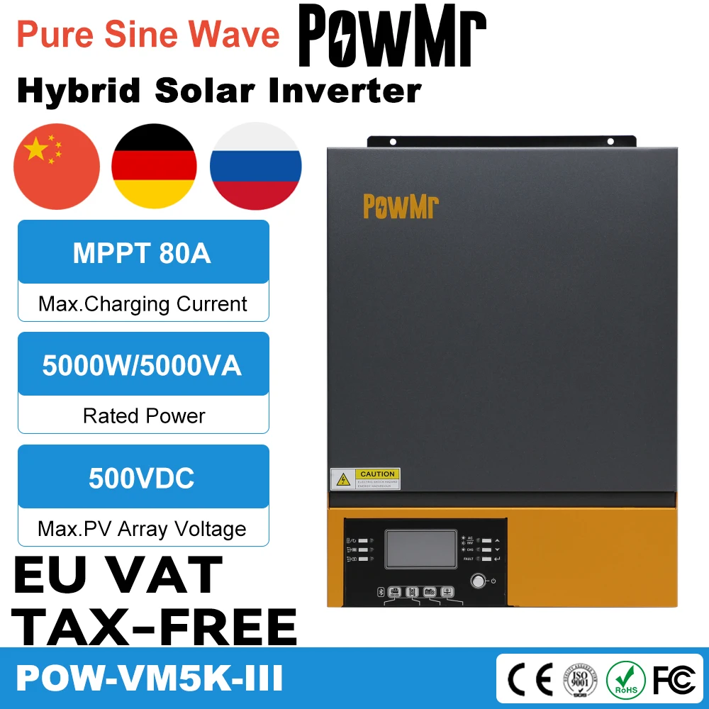 

PowMr Off-Grid 5000W Hybrid Solar Inverter 48V DC 220V/230V AC With 80A MPPT Solar Charger For Lead-Acid And Lithium Battery