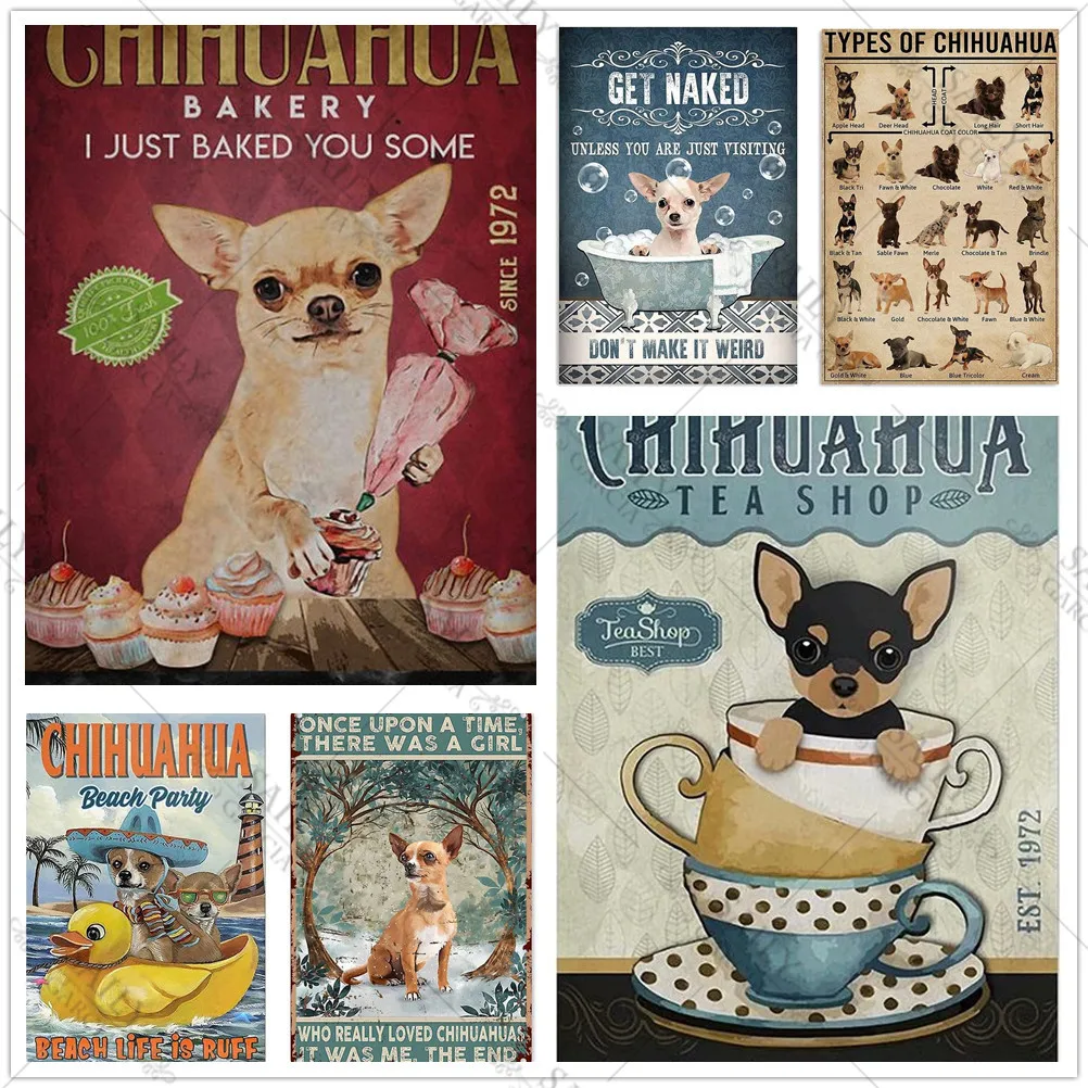 

Vintage Metal Poster Chihuahua Dog Tin Sign Nursery Cartoon Kids Home Decor Pets Animals Metal Wall Art Plates Pub Bar Sign
