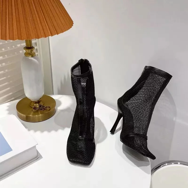 2023 Summer Women Boots Square Toe Mesh Hollow Out Pumps Female Stretch Fabric Sock Boots Sexy High Heels Women Sandals Shoes