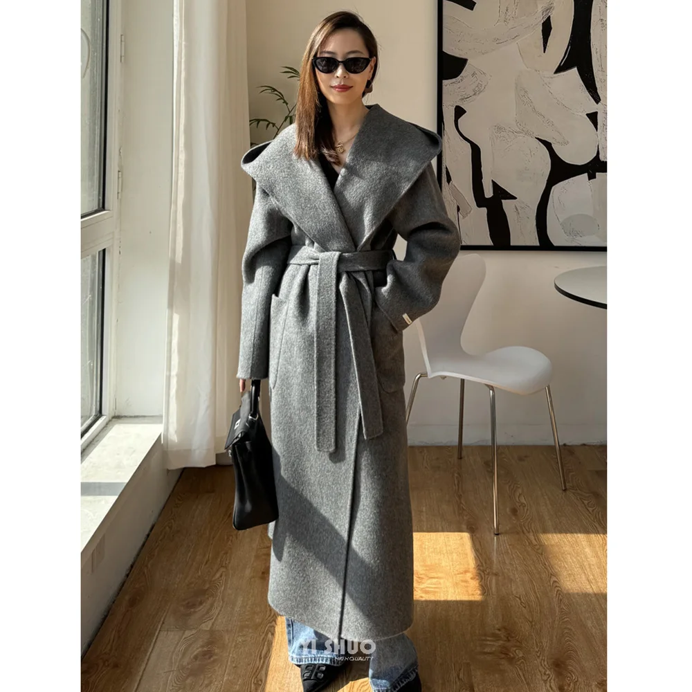 Женское длинное шерстяное пальто с капюшоном