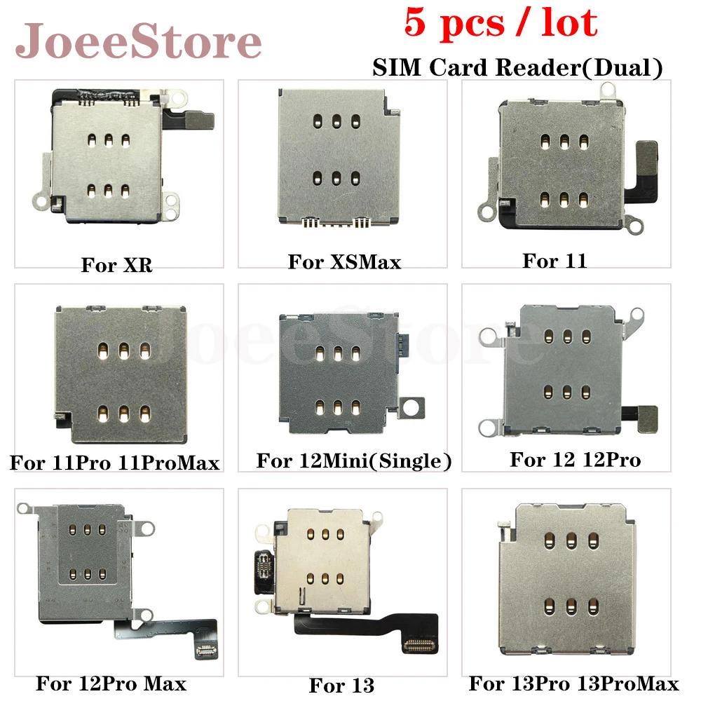 

JoeeStore 5pcs Dual SIM Card Reader Flex Cable for iPhone 11 12 13 Pro Max XR XSMax Inner Slot Socket Adapter Replacement Parts