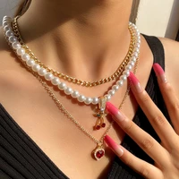 2022 retro fashion red cherry pendant pearl necklace couple love accessories multilayer necklace party jewelry exquisite gifts