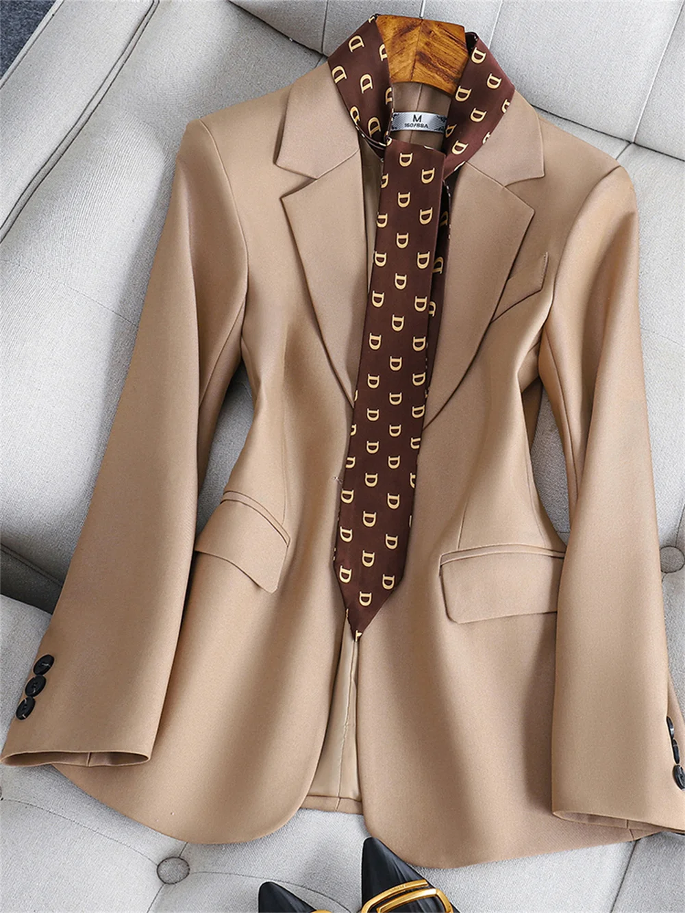 Women 2 Piece Set 2023 New Lady Coffee Black Long Sleeve with Scarf Pant Suit Elegant Formal Blazer + Trouser Business Suit Set