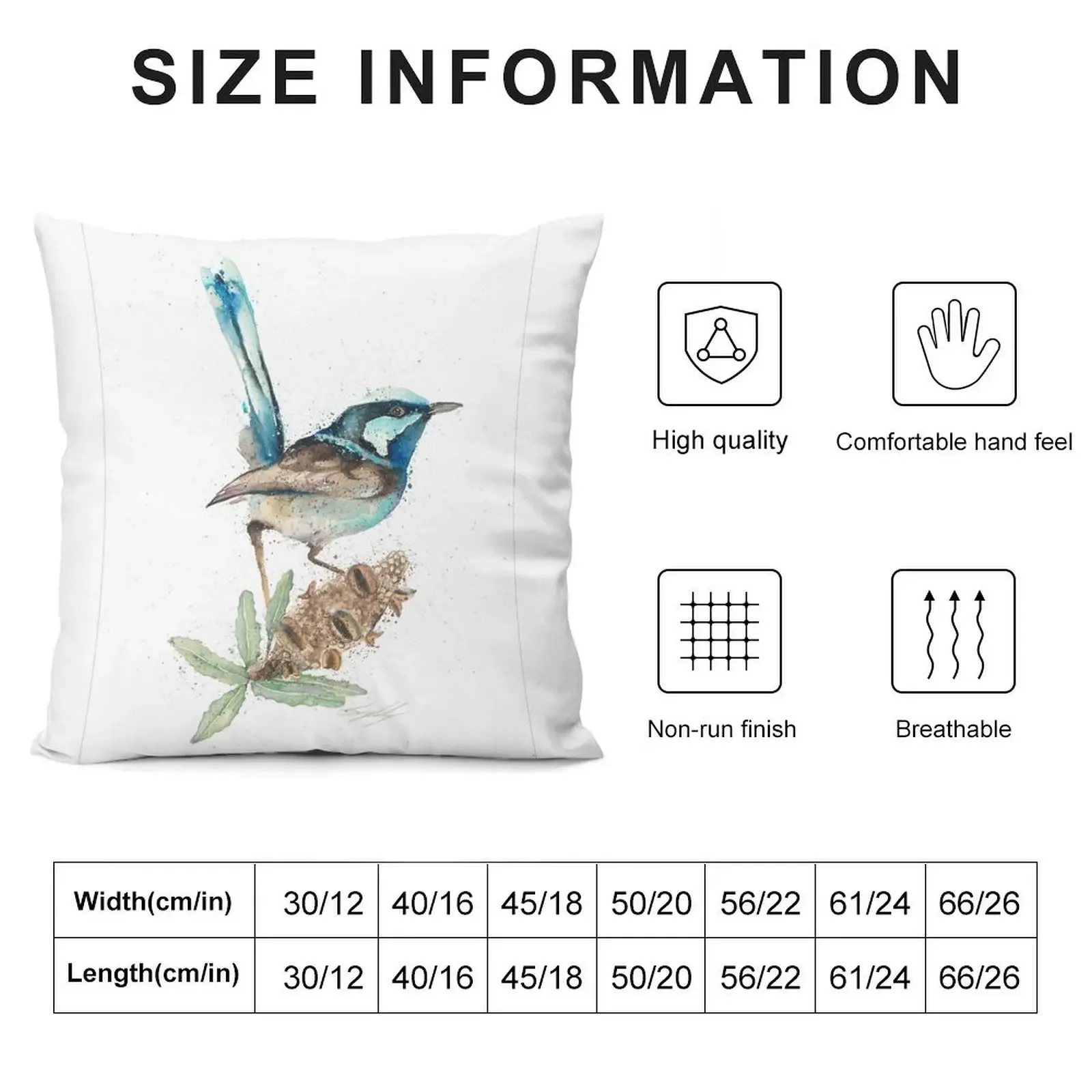 Blue Wren - австралийская акварельная птица художественная подушка наволочка