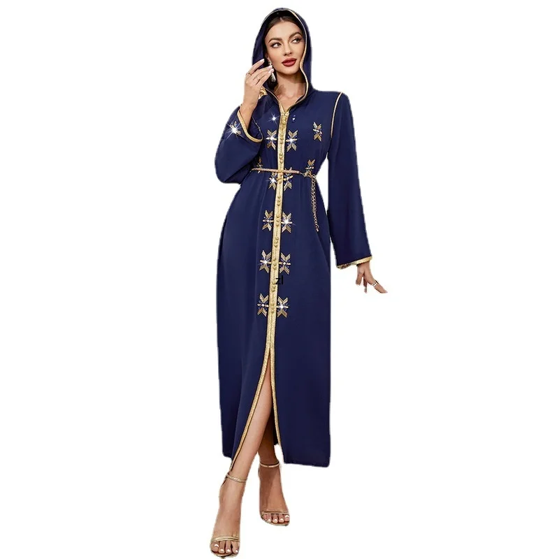 Марокканское платье с капюшоном Caftan 2022 вышивкой отделкой и разрезом поясом