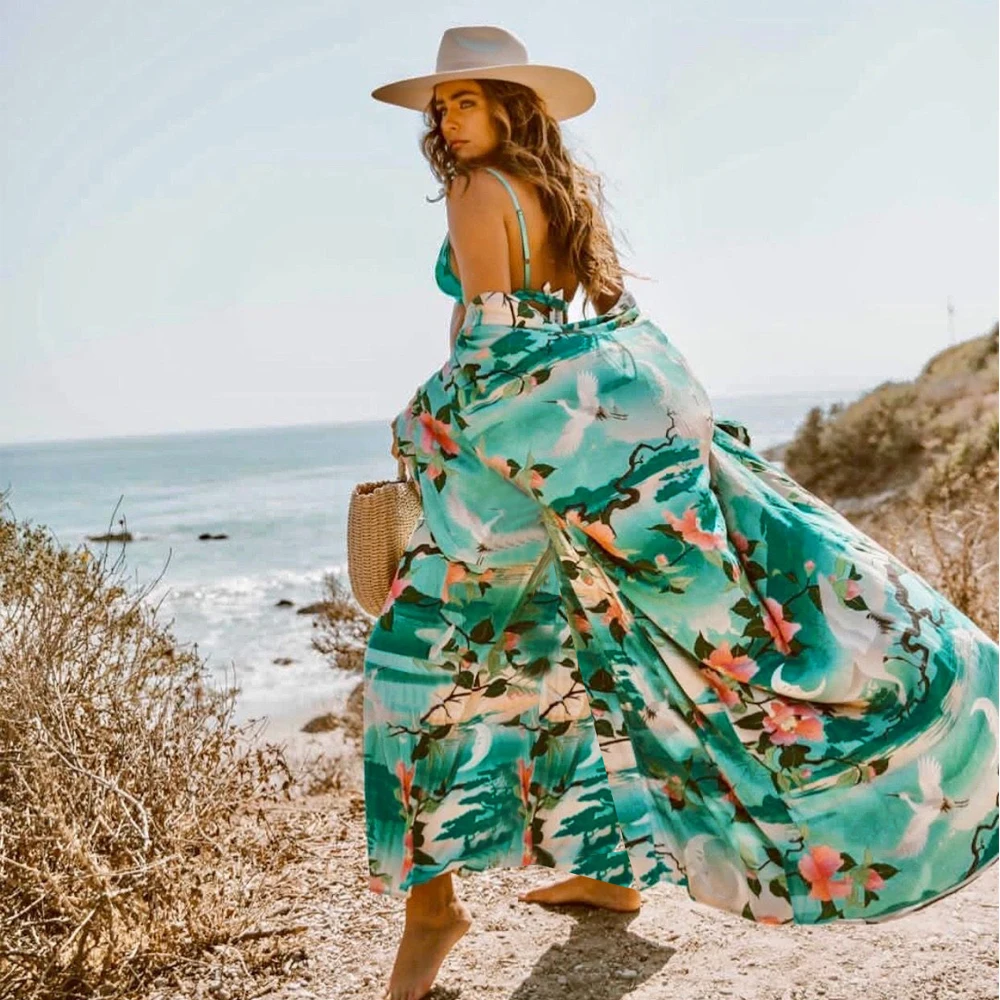 

Women’s Beach Sexy Bikini Smock 2022 Fashion Printed Long Shawl Dress Boho Beachwear Travel Beach Party