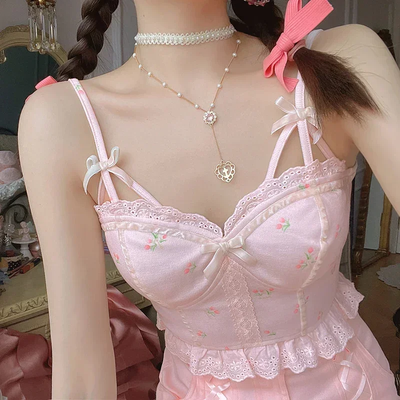 Фото Kawaii Женская Майка, Лето 2024, Белая Сексуальная Пляжная Одежда С Открытой Спиной, Цветочным Принтом, Милый Шейный Ремешок №3