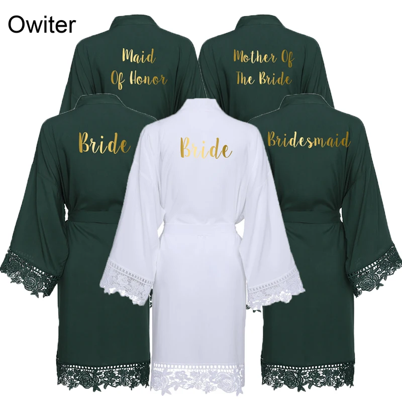 2022 Green Solid Cotton Kimono Bride Bridesmaid Robes with Lace Trim Women Wedding Bridal Robe Bathrobe Sleepwear White