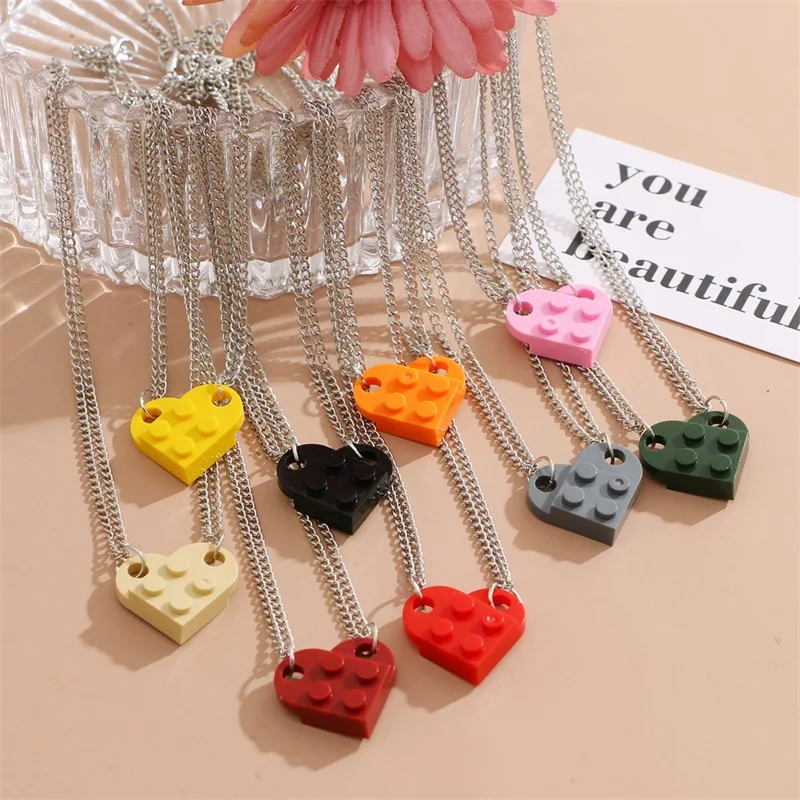 2Pcs Heart Brick Couples Love Necklace for Lovers Women Men Lego Elements Friends Necklaces Valentines Gift Jewelry