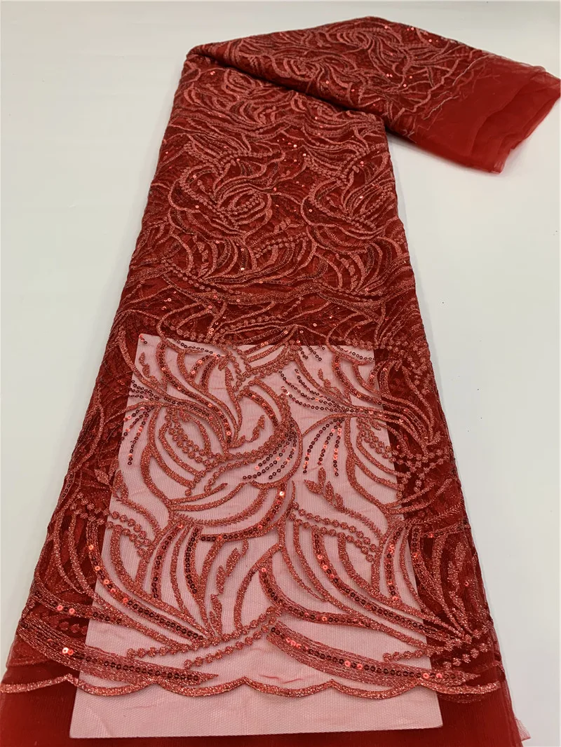 

Новинка 2023, Высококачественная красная сетчатая вышитая кружевная ткань с блестками для свадебного платья, вечернего платья, сетчатая ткань