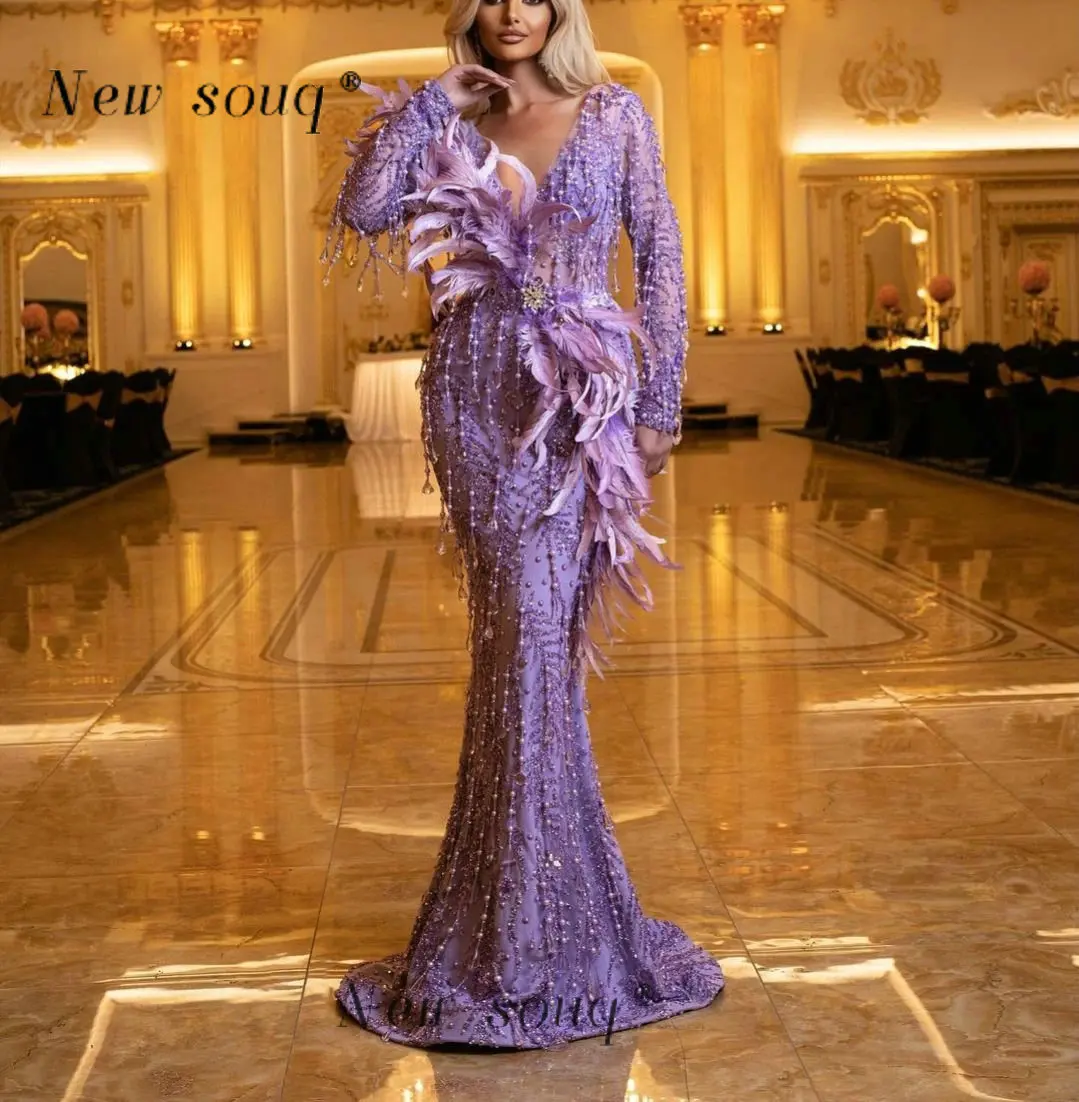 

Dubai Gorgeous Purple Feathers Mermaid Evening Dresses Pearls Beaded Long Sleeves Red Carpet Award Show Wedding Party Gowns