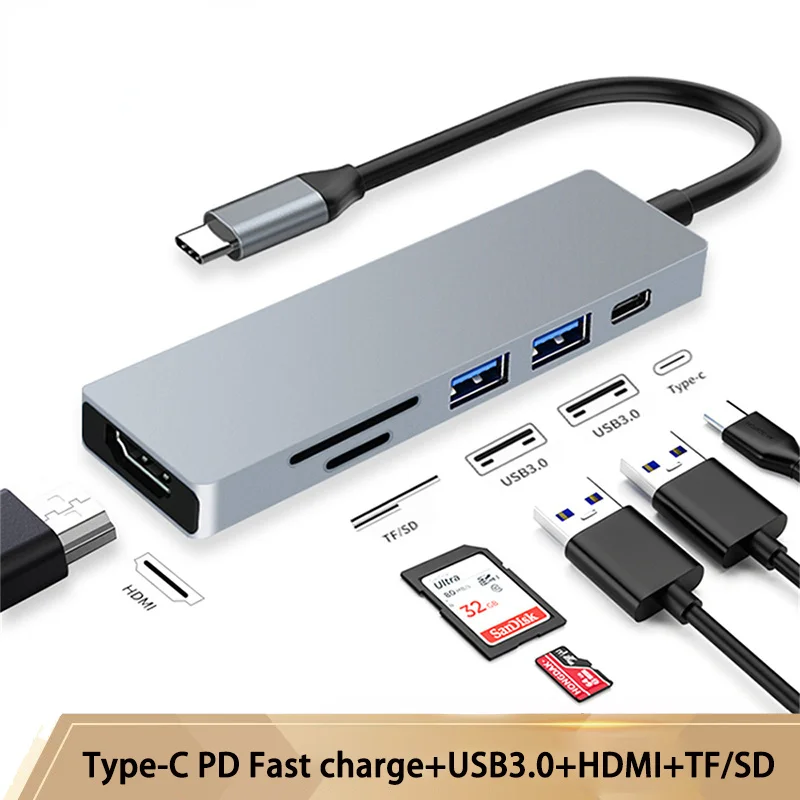 

USB C Hub USB3.0 For Laptop Adapter PC Computer PD Charge 6 Ports Dock Station HDMI TF/SD Card Notebook Type-C Splitter Genuine