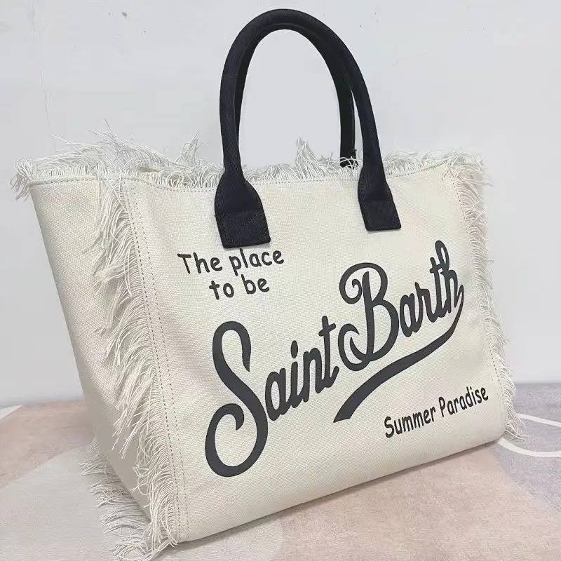 

Summer Leisure Vacation Tassel Design Printed Saint Barth Letter Travel Bag Large Capacity Thick Canvas Handbag